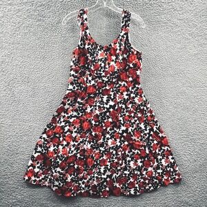 Womens Fit Flare Skater Dress 12 Red Floral Indie Cottage Retro Summer Vacation
